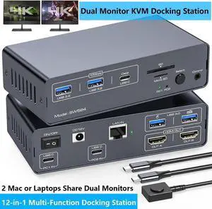 WISDUM USB C Docking Station with KVM Switch 2 Monitors 2 Computers 4K@60Hz, HDMI EDID KVM Switches Dual Monitor for 2 Mac or Laptops Share a 1G Ethernet & 5 USB A/C Devices and SD/MicroSD Card Slots
