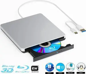 External Blu-ray Drive, BD Player with Read/Write Capability Portable Blu-ray CD/DVD Drive Burner with USB 3.0 and Type-C DVD Burner 3D Blu-ray Drives Compatible with Windows and Mac OS PC Laptops