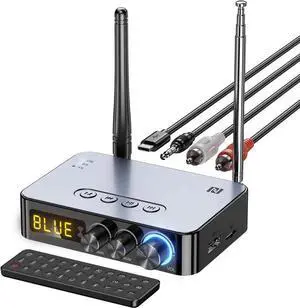 WISDUM BT 5.1 Bluetooth Audio Receiver Transmitter 4-in-1 (with Remote) for Home Stereo TV, HiFi Wireless Audio Adapter with 3.5mm AUX,RCA,6.5mm Mic Connection, FM Radio, Low Latency NFC Audio Adapter