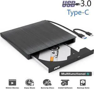 WISDUM External CD DVD Drive, Type-C & USB 3.0 Portable Optical CD/DVD Drive, CD DVD Player RW Writer External CD DVD Burner Reader for Laptop, Desktop, PC, MacOS, Windows 11/10 / 8/7 / XP/Linux/Vista