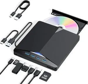 WISDUM External CD/DVD Drive for Laptop, 7-in-1 USB 3.0 & Type C Portable External CD DVD Burner Optical DVD Drive with SD/TF Card Reader & 4-Port USB Hub, Compatible with Windows, Mac OS, Linux