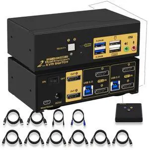 2 Port USB 3.0 Triple Monitor Displayport KVM Switch, DP 1.4 Support 8K@30Hz 4K@144Hz, KVM Switches 2 Computers 3 Monitors Video Keyboard Mouse Peripheral Audio Sharing Selector Box with Cables