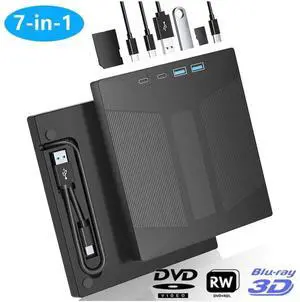 WISDUM External Blu Ray Drive, 7 IN 1 Portable Blu Ray Burner USB 3.0 Type-C Blu Ray Drive Support 100G Disc Read&Write External Bluray CD/DVD Drive Compatible with Windows MacOS Linux Laptop Desktop
