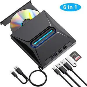 WISDUM External CD DVD Drive [6-in-1], Ultra Slim Portable CD Player for Laptop, CD DVD +/-RW Burner CD/DVD Drive with SD Card Reader USB 3.0 Type C Hub Compatible with Laptop PC Windows Linux MacOS