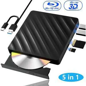 WISDUM 5 in 1 External Blu Ray Drive, Portable Blu Ray Player with USB 3.0 Type-C, CD DVD Burner 3D Blu-Ray with SD/TF Ports, Blu Ray Drive Compatible with Windows Laptop Desktop, Bluray Player for PC