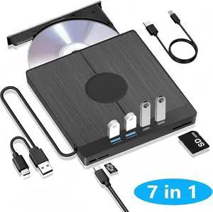 WISDUM [7-in-1] External CD DVD Drive with 4 USB Ports & SD/TF Slot,Type-C USB 3.0 Portable Drive Reader DVD CD RW Writer Burner Player Optical Drive for Desktop PC Windows 11/10/8/7/XP,Mac OS, Linux