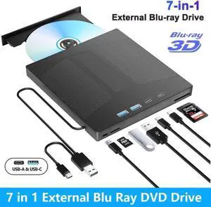 WISDUM 7 in 1 External Blu-ray Drive, USB 3.0 Type-C BD DVD CD Player Portable CD DVD Burner with SD/TF Card Slot,Support 100G Disc R/W for PC Compatible with Windows XP/7/8/10/11 Mac Laptop Desktop