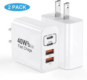 WISDUM USB C Charger Block, [2 Pack] 40W 4 Ports Type C Charger Fast Charging Cubes PD+QC 3.0 Power Adapter Multiport Brick Type C Box Compatible for iPhone 16/15/14/13/12/11 Pro Max, Android Phones