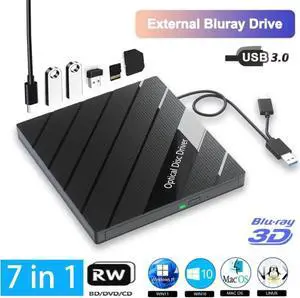WISDUM External Blu Ray Drive, Portable Bluray Player Writer Reader, CD Burner with USB 3.0 USB 2.0 Ports & SD Card, DVD & CD-ROM +/-RW, External Blu-Ray Drives for PC Laptop Desktop Windows Mac Linux
