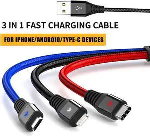 Multi Charger Cable, Nylon Braided Universal 3 in 1 Multiple Ports Devices USB Charging Cord with USB Type C/Micro USB Connectors for Phones Tablets (Charging Only) - 4Ft, 2Pack