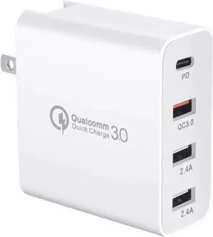 USB C Charger,  48W 4 Ports Fast Charging PD Wall Charger Quick Charge 3.0, Multi Port USB-C Travel Adapter for Samsung S10/S9/S8/Plus, iPhone Xs/Max/XR/iPhone11, Fully Compatible (White)