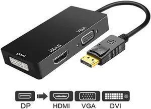Displayport to HDMI DVI VGA Adapter, 1080P Multi-Function DP to HDMI/DVI/VGA Male to Female 3-in-1 Adapter Converter Cable