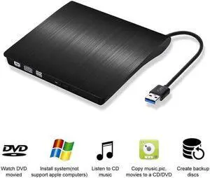 WISDUM External CD Drive USB 3.0 Portable CD DVD +/-RW Drive DVD/CD ROM Rewriter Burner Writer Compatible with Laptop Desktop PC Windows Mac Pro MacBook (Black)