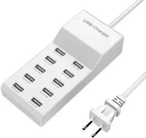 USB Wall Charger 10-Port USB Charger Station with Rapid Charging Auto Detect Technology Safety Guaranteed Family-Sized Smart USB Ports for Multiple Devices Smart Phone Tablet Laptop Computer