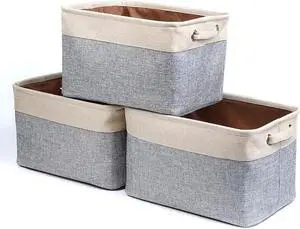 Large Storage Basket Bin Set [3-Pack] Storage Cube Box Foldable Canvas Fabric Collapsible Organizer With Handles For Home Office Closet (Beige / Grey)