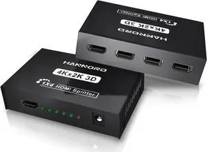 WISDUM Hdmi Splitter 1 in 4 Out V1.4b Powered Hdmi Video Splitter with AC Adaptor Duplicate/Mirror Screen Monitor Supports Ultra HD 1080P 2K x4K@30Hz and 3D Resolutions (1 Input to 4 Outputs)