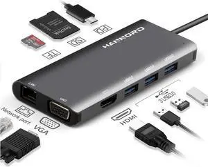 WISDUM  USB C Hub, 9-in-1 USB C Hub Adapter, with 4K HDMI, USB-C 100W Power Delivery, Ethernet Port, 1080P VGA, 3 USB-A 3.0 5Gbps Data Port, microSD SD Card Reader for MacBook Air, MacBook Pro, XPS