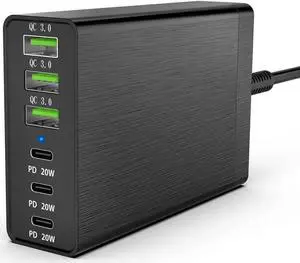WISDUM 96W 6 Port USB C Charging Station, Portable Multiport USB C Wall Charger PD Fast Adapter with 3 USB-C Ports +3 USB-A Ports for iPhone 14 13 Pro Max,iPad Series, Samsung Galaxy