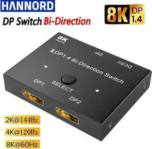 WISDUM  DisplayPort Switch 8K Splitter Bidirectional DP 1.4 Switcher Box 2 in 1 Out / 1 in 2 Out Supports 8K@30Hz 4K@120Hz Compatible with PC Host Monitor Laptop etc