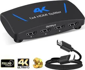 WISDUM 4K HDMI Splitter 1 in 4 Out,1x4 HDMI Splitter Duplicate/ Mirror Screen, 4 Port HDMI Splitter Powered Support 4Kx2K@30Hz 3D for PS5, Roku, TV Box - 1 Source to 4 Displays