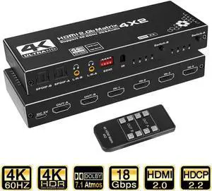 WISDUM HDMI Matrix 4x2,4K@60Hz HDMI Matrix Switch 4 in 2 Out with EDID Extractor and IR Remote Control, Support HDMI 2.0b, HDCP2.2, HDR10, Ultra HD, 3D