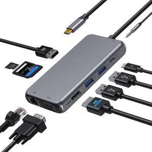WUSDUM USB C Hub Type C Multiport Adapter for MacBook Pro/Air,10 in 1 Mac Dongle with HDMI, Ethernet, VGA, PD Port, 3 USB 3.0, SD/TF Card Reader and Mic/Audio for Windows Type C Laptops