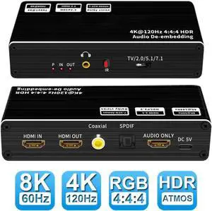 WISDUM  8K 60Hz HDMI 2.1 Audio Extractor With 7.1CH Atmos & Optical Toslink 48Gbps HDMI Audio Splitter 8K 60Hz HDMI Audio Converter for PS5 XBox One