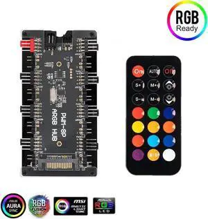 2-in-1 PWM & ARGB Controller Hub 8 Ports 12V 4Pin Fan & 5V 3Pin AURA Wireless IR Remote Adapter with PMMA Case and Magnetic Standoff for Cooling Radiator & A.SUS/M.SI LED Strip