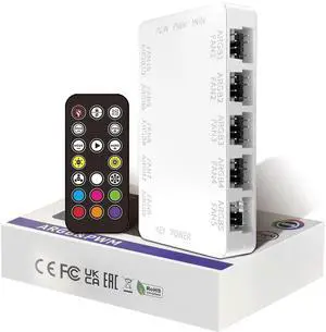 ARGB Fan Hub, 10-Port 4 Pin PC Fan Controller, 5V-3Pin, Magnetic Suction, SATA Power Input, Rf Remote & Chassis Key Control, Support 10 ARGB PWM Fans Splitter, White