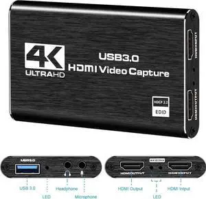 4K Audio Video Capture Card, USB 3.0 HDMI Video Capture Device, Full HD 1080P for Game Recording, Live Streaming Broadcasting