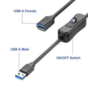 USB 3.0 Extension Cable with On/Off Switch, USB A Male to Female Cord for PC, TV, LED Strips, Fan, Car Data Transfer and Power Supply Extension Cord 1ft