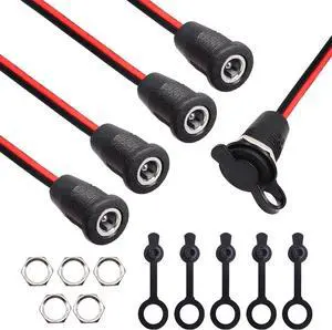 5Pcs 10A DC-099 DC Power Jack Cord Socket 5.5x2.1MM Threaded Female Mount Connector Adapter with 15CM 20AWG Pre-soldered Wires Waterproof Cover Cap K-078