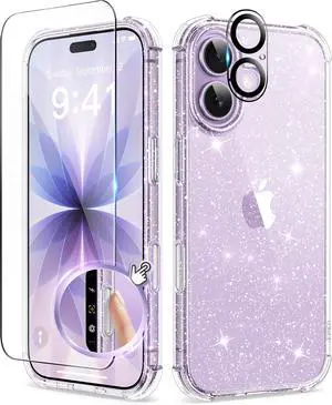 iPhone 17 Case for Women, Clear Glitter Shockproof Protective Case, Anti-Yellowing, with Screen Protector & Camera Lens Protector 6.3", Sparkle Clear
