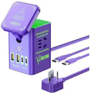 PISEN EVA Shinji Ikari 65W GaN Magnetic Wireless Charging Socket, 8-in-1 Portable Fast Charging Station, Support iOS, Android, Windows, and macOS Devices, Purple