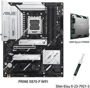 ASUS PRIME X870-P WIFI Motherboard & AMD Ryzen 9 9900X CPU Combo, AMD AM5 X870 ATX with 14+2+1 80A DrMOS power stages, DDR5, PCIe 5.0 , PCIe 5.0 x16, Q-Release, 4x M.2 , Wi-Fi 7 ASUS PRIME X870-P WIFI Motherboard & AMD Ryzen 9 9900X CPU Combo, AMD AM5 X870 ATX with 14+2+1 80A DrMOS power stages, DDR5, PCIe 5.0 , PCIe 5.0 x16, Q-Release, 4x M.2 , Wi-Fi 7