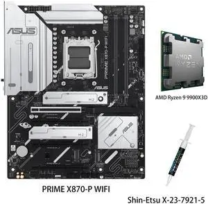 ASUS PRIME X870-P WIFI Motherboard & AMD Ryzen 9 9900X3D CPU Combo, AMD AM5 X870 ATX with 14+2+1 80A DrMOS power stages, DDR5, PCIe 5.0 , PCIe 5.0 x16, Q-Release, 4x M.2 , Wi-Fi 7 ASUS PRIME X870-P WIFI Motherboard & AMD Ryzen 9 9900X3D CPU Combo, AMD AM5 X870 ATX with 14+2+1 80A DrMOS power stages, DDR5, PCIe 5.0 , PCIe 5.0 x16, Q-Release, 4x M.2 , Wi-Fi 7