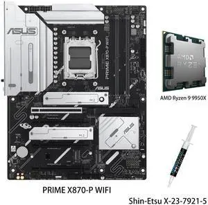 ASUS PRIME X870-P WIFI Motherboard & AMD Ryzen 9 9950X CPU Combo, AMD AM5 X870 ATX with 14+2+1 80A DrMOS power stages, DDR5, PCIe 5.0 , PCIe 5.0 x16, Q-Release, 4x M.2 , Wi-Fi 7 ASUS PRIME X870-P WIFI Motherboard & AMD Ryzen 9 9950X CPU Combo, AMD AM5 X870 ATX with 14+2+1 80A DrMOS power stages, DDR5, PCIe 5.0 , PCIe 5.0 x16, Q-Release, 4x M.2 , Wi-Fi 7