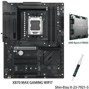 ASUS X870 MAX GAMING WIFI7 Motherboard & AMD Ryzen 9 9900X CPU Combo, AM5 ATX, DDR5, three M.2 slots, Realtek 2.5Gb Ethernet, USB 40Gbps,front USB 20Gbps Type-C connector ASUS X870 MAX GAMING WIFI7 Motherboard & AMD Ryzen 9 9900X CPU Combo, AM5 ATX, DDR5, three M.2 slots, Realtek 2.5Gb Ethernet, USB 40Gbps,front USB 20Gbps Type-C connector