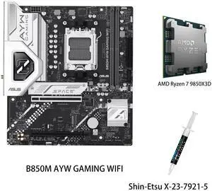 ASUS B850M AYW GAMING WIFI Motherboard & AMD Ryzen 7 9850X3D CPU Combo, AMD B850 micro-ATXmotherboard AM5, DDR5, PCle 5.0Ready, Wi-Fi 6,Realtek 2.5Gb Ethernet, HDMlrear USB 10Gbps Type-A ASUS B850M AYW GAMING WIFI Motherboard & AMD Ryzen 7 9850X3D CPU Combo, AMD B850 micro-ATXmotherboard AM5, DDR5, PCle 5.0Ready, Wi-Fi 6,Realtek 2.5Gb Ethernet, HDMlrear USB 10Gbps Type-A