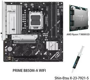 ASUS PRIME B850M-A WIFI Motherboard & AMD Ryzen 7 9800X3D CPU Combo, AMD B850 (AM5 Socket) micro-ATX, PCIe 5.0 Ready,three M.2 slots,Wi-Fi 6E,Realtek 2.5Gb Ethernet,front USB 5Gbps Type-C support ASUS PRIME B850M-A WIFI Motherboard & AMD Ryzen 7 9800X3D CPU Combo, AMD B850 (AM5 Socket) micro-ATX, PCIe 5.0 Ready,three M.2 slots,Wi-Fi 6E,Realtek 2.5Gb Ethernet,front USB 5Gbps Type-C support