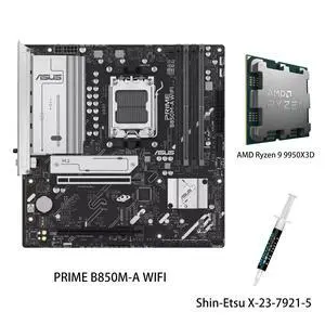 ASUS PRIME B850M-A WIFI Motherboard & AMD Ryzen 9 9950X3D CPU Combo, AMD B850 (AM5 Socket) micro-ATX, PCIe 5.0 Ready,three M.2 slots,Wi-Fi 6E,Realtek 2.5Gb Ethernet,front USB 5Gbps Type-C support ASUS PRIME B850M-A WIFI Motherboard & AMD Ryzen 9 9950X3D CPU Combo, AMD B850 (AM5 Socket) micro-ATX, PCIe 5.0 Ready,three M.2 slots,Wi-Fi 6E,Realtek 2.5Gb Ethernet,front USB 5Gbps Type-C support