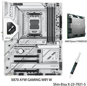 ASUS X870 AYW GAMING WIFI W Motherboard & AMD Ryzen 9 9900X3D CPU Combo, AM5 ATX, DDR5, three M.2 slots, Wi-Fi 6, Realtek 2.5Gb Ethernet, USB 40Gbps, front USB 20 Gbps Type-C connector ASUS X870 AYW GAMING WIFI W Motherboard & AMD Ryzen 9 9900X3D CPU Combo, AM5 ATX, DDR5, three M.2 slots, Wi-Fi 6, Realtek 2.5Gb Ethernet, USB 40Gbps, front USB 20 Gbps Type-C connector
