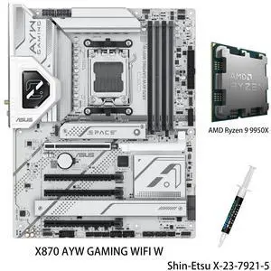 ASUS X870 AYW GAMING WIFI W Motherboard & AMD Ryzen 9 9950X CPU Combo, AM5 ATX, DDR5, three M.2 slots, Wi-Fi 6, Realtek 2.5Gb Ethernet, USB 40Gbps, front USB 20 Gbps Type-C connector ASUS X870 AYW GAMING WIFI W Motherboard & AMD Ryzen 9 9950X CPU Combo, AM5 ATX, DDR5, three M.2 slots, Wi-Fi 6, Realtek 2.5Gb Ethernet, USB 40Gbps, front USB 20 Gbps Type-C connector