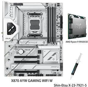 ASUS X870 AYW GAMING WIFI W Motherboard & AMD Ryzen 9 9950X3D CPU Combo, AM5 ATX, DDR5, three M.2 slots, Wi-Fi 6, Realtek 2.5Gb Ethernet, USB 40Gbps, front USB 20 Gbps Type-C connector ASUS X870 AYW GAMING WIFI W Motherboard & AMD Ryzen 9 9950X3D CPU Combo, AM5 ATX, DDR5, three M.2 slots, Wi-Fi 6, Realtek 2.5Gb Ethernet, USB 40Gbps, front USB 20 Gbps Type-C connector