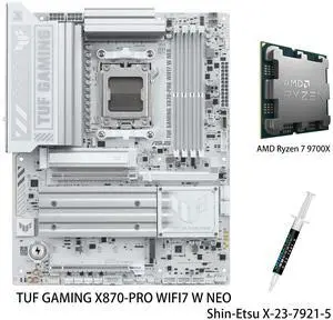 ASUS TUF GAMING X870-PRO WIF17 W NEO ATX Motherboard & AMD Ryzen 7 9700X CPU Combo ,16+2+1 power, DDR5 with DRAM and AEMP, four M.2 slots , PCle 5.0 for next-gen GPUs , 5GbEthernet and 64MB BIOS ASUS TUF GAMING X870-PRO WIF17 W NEO ATX Motherboard & AMD Ryzen 7 9700X CPU Combo ,16+2+1 power, DDR5 with DRAM and AEMP, four M.2 slots , PCle 5.0 for next-gen GPUs , 5GbEthernet and 64MB BIOS