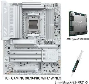 ASUS TUF GAMING X870-PRO WIF17 W NEO ATX Motherboard & AMD Ryzen 9 9900X3D CPU Combo ,16+2+1 power, DDR5 with DRAM and AEMP, four M.2 slots , PCle 5.0 for next-gen GPUs , 5GbEthernet and 64MB BIOS ASUS TUF GAMING X870-PRO WIF17 W NEO ATX Motherboard & AMD Ryzen 9 9900X3D CPU Combo ,16+2+1 power, DDR5 with DRAM and AEMP, four M.2 slots , PCle 5.0 for next-gen GPUs , 5GbEthernet and 64MB BIOS