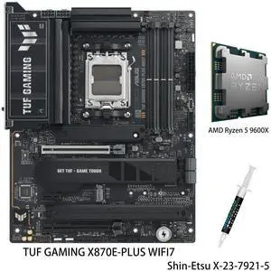 ASUS TUF GAMING X870E-PLUS WIFI7 Motherboard & AMD Ryzen 5 9600X CPU Combo, AMD X870E ATX with 16+2+1 80A Power Stages, DDR5 Support with AEMP, PCIe 5.0 x16, 4 M.2 Slots, WiFi 7 ASUS TUF GAMING X870E-PLUS WIFI7 Motherboard & AMD Ryzen 5 9600X CPU Combo, AMD X870E ATX with 16+2+1 80A Power Stages, DDR5 Support with AEMP, PCIe 5.0 x16, 4 M.2 Slots, WiFi 7