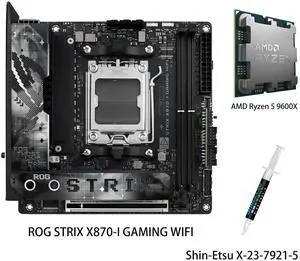 ASUS ROG STRIX X870-I GAMING WIFI Motherboard & AMD Ryzen 5 9600X CPU Combo , AM5 X870 Mini ITX mITX 10+2+1 power , Dynamic OC Switcher, Core Flex , DDR5 AEMP, WiFi 7, 2x M.2 , PCIe® 5.0 , USB4 , AI ASUS ROG STRIX X870-I GAMING WIFI Motherboard & AMD Ryzen 5 9600X CPU Combo , AM5 X870 Mini ITX mITX 10+2+1 power , Dynamic OC Switcher, Core Flex , DDR5 AEMP, WiFi 7, 2x M.2 , PCIe® 5.0 , USB4 , AI