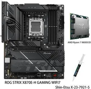ASUS ROG STRIX X870E-H GAMING WIFI7 Motherboard & AMD Ryzen 7 9800X3D CPU Combo, AMD X870E-H ATX motherboard with 16+2+1 power stages, DDR5 AEMP, WiFi 7, 4x M.2, PCIe 5.0 ASUS ROG STRIX X870E-H GAMING WIFI7 Motherboard & AMD Ryzen 7 9800X3D CPU Combo, AMD X870E-H ATX motherboard with 16+2+1 power stages, DDR5 AEMP, WiFi 7, 4x M.2, PCIe 5.0