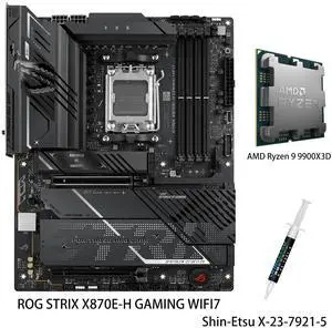 ASUS ROG STRIX X870E-H GAMING WIFI7 Motherboard & AMD Ryzen 9 9900X3D CPU Combo, AMD X870E-H ATX motherboard with 16+2+1 power stages, DDR5 AEMP, WiFi 7, 4x M.2, PCIe 5.0 ASUS ROG STRIX X870E-H GAMING WIFI7 Motherboard & AMD Ryzen 9 9900X3D CPU Combo, AMD X870E-H ATX motherboard with 16+2+1 power stages, DDR5 AEMP, WiFi 7, 4x M.2, PCIe 5.0